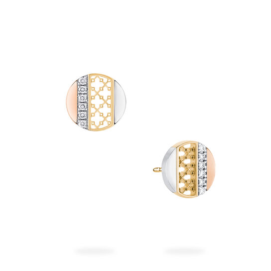 Birks Dare to Dream earrings featuring diamond-set circle motifs in white, yellow, and rose gold image number 4